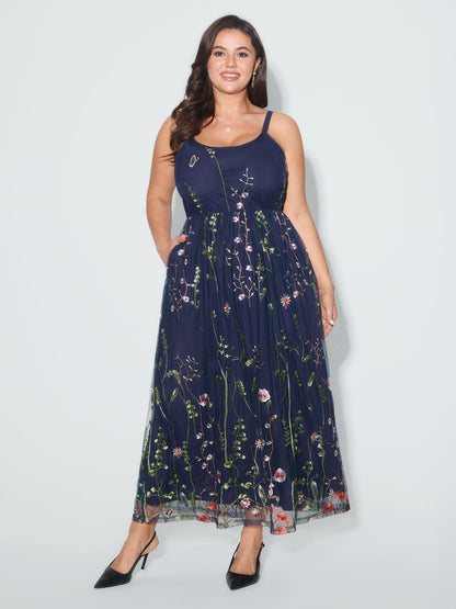 U Neck Floral Embroidered Mesh Cami Dress