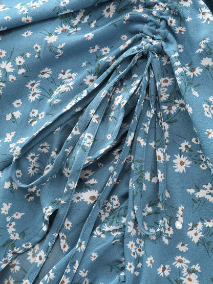 Floral Print Ruched Adjustable Drawstring Hem Midi Dress
