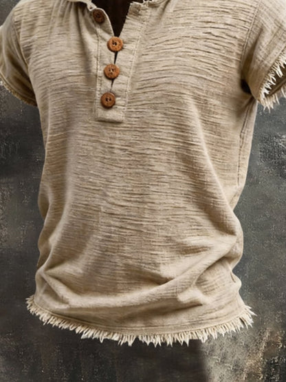 Men'S Retro Cotton-Linen Short-Sleeve Hoodie With Frayed Edges