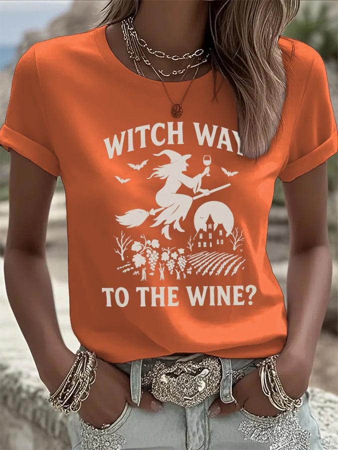 🔥HOT SALE🔥Women's Witch Way To The Wine Print Casual T-shirt