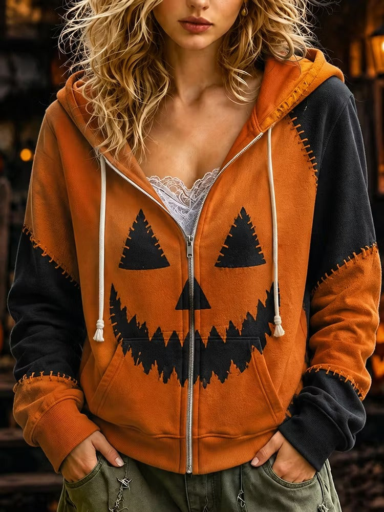Women's Retro Halloween With Spooky Face Pattern Print Zipper Hoodie