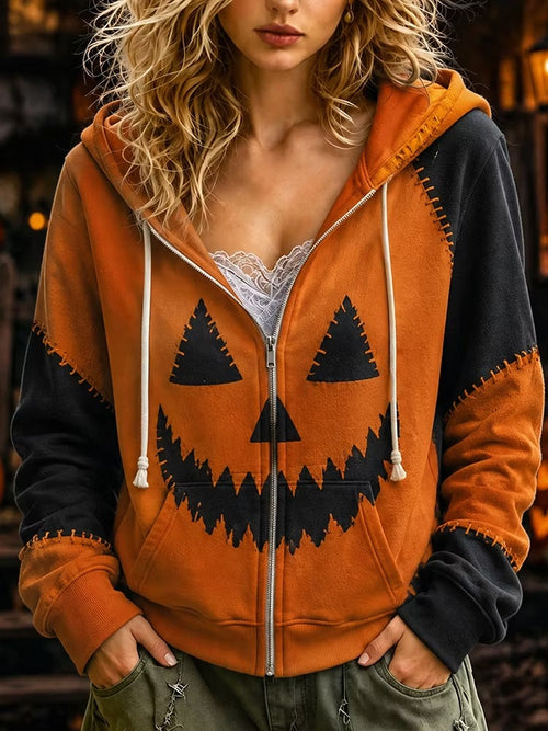 Women's Retro Halloween With Spooky Face Pattern Print Zipper Hoodie