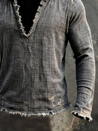 Men'S Vintage Cotton-Linen Long-Sleeve Hoodie With Frayed Edges