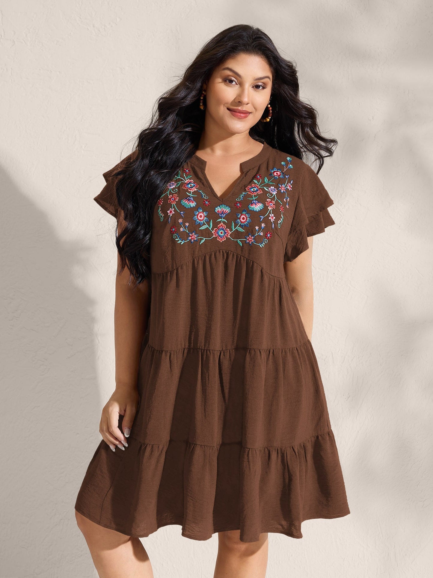 Embroidered Neckline A-Line Ruffled Knee-Length Dress