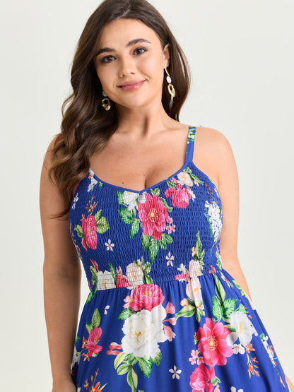 Floral Print Shirred Bodice Breezy Midi Dress
