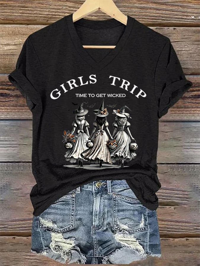 Women's Funny Halloween Witch Girls Trip Time To Get Wicked Casual V-Neck Tee