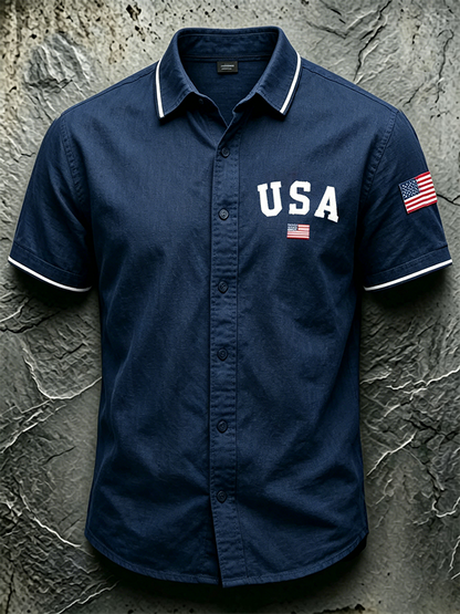Men'S Casual USA Commemorative Printed Lapel Shirt