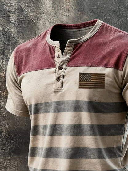 Men's Retro Patriotic Color-Block Short-Sleeve Henley T-Shirt