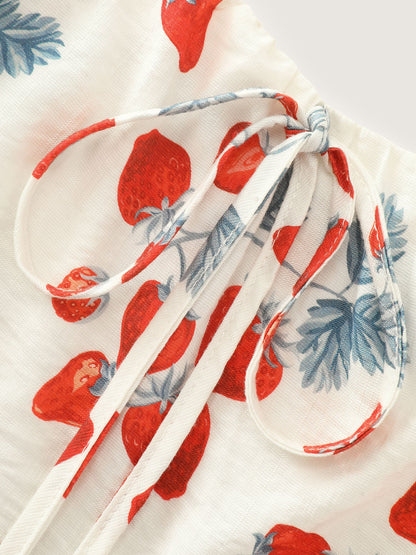 Strawberry Print Cinched-Waist Midi Dress
