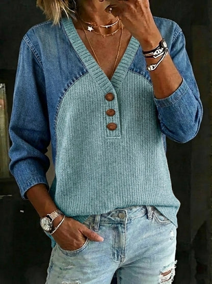 Women's Retro Casual Denim And Cotton Knit Sweater