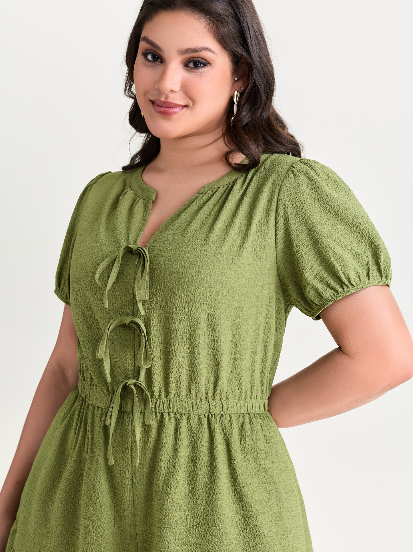 Triple Front Tie Ruffled Hem Romper