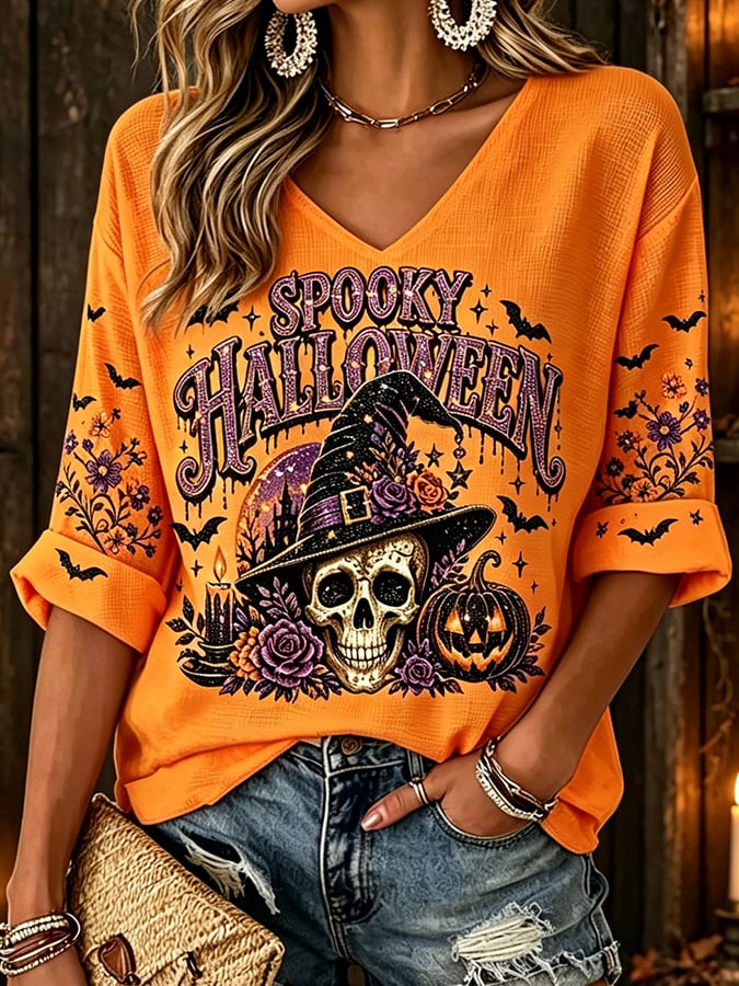 Women's  Retro Funny Halloween Skull Witch Print Top