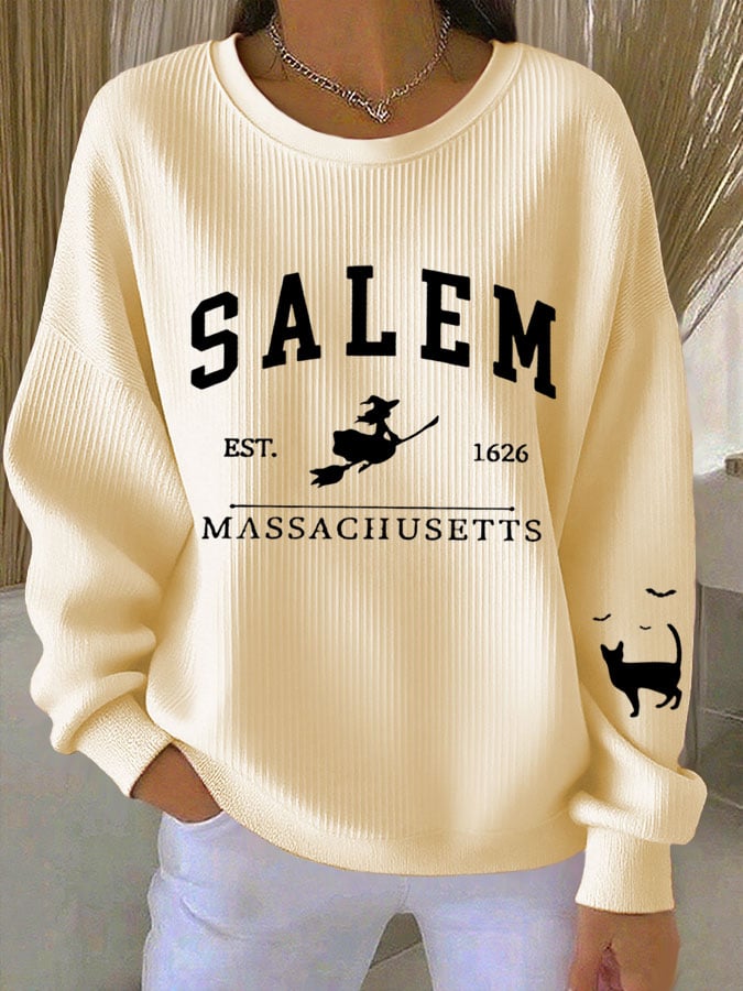 🔥Buy 2 Get 10% Off🔥Women's Halloween SALEM EST. 1626 MASSACHUSETTS Print Crew Neck Long Sleeve Top