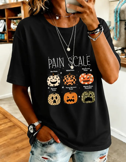 Women's  Halloween Fun Pumpkin Pain Scale Print Cotton T-Shirt
