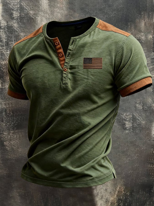 Men's Retro Color-Block Spliced Casual Short-Sleeve Henley T-Shirt