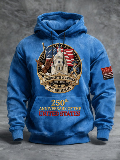 Men's Vintage American Flag Print Hooded Sweatshirt