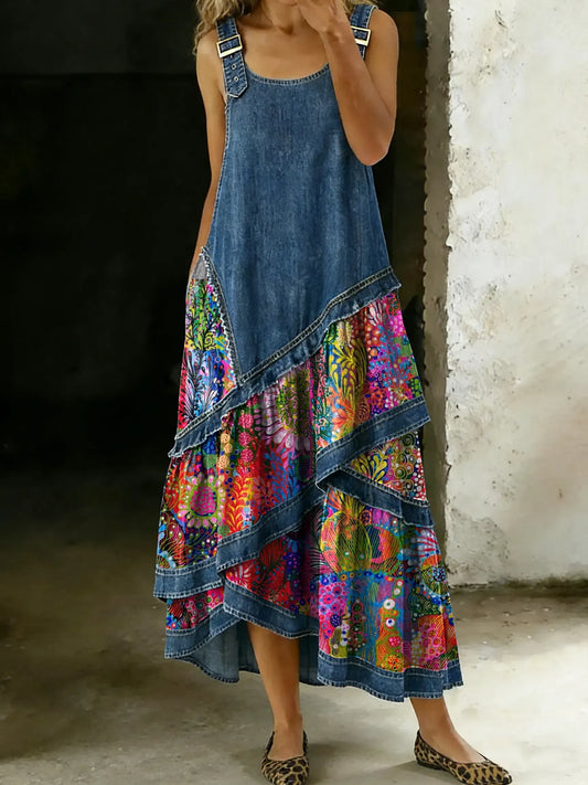 Women's Vintage Multicolor Floral Sleeveless Multi-layered Ruffled Strap Dress