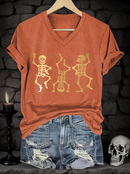 Women's Halloween Skull Gold Metal Print V-Neck Short Sleeve T-Shirt