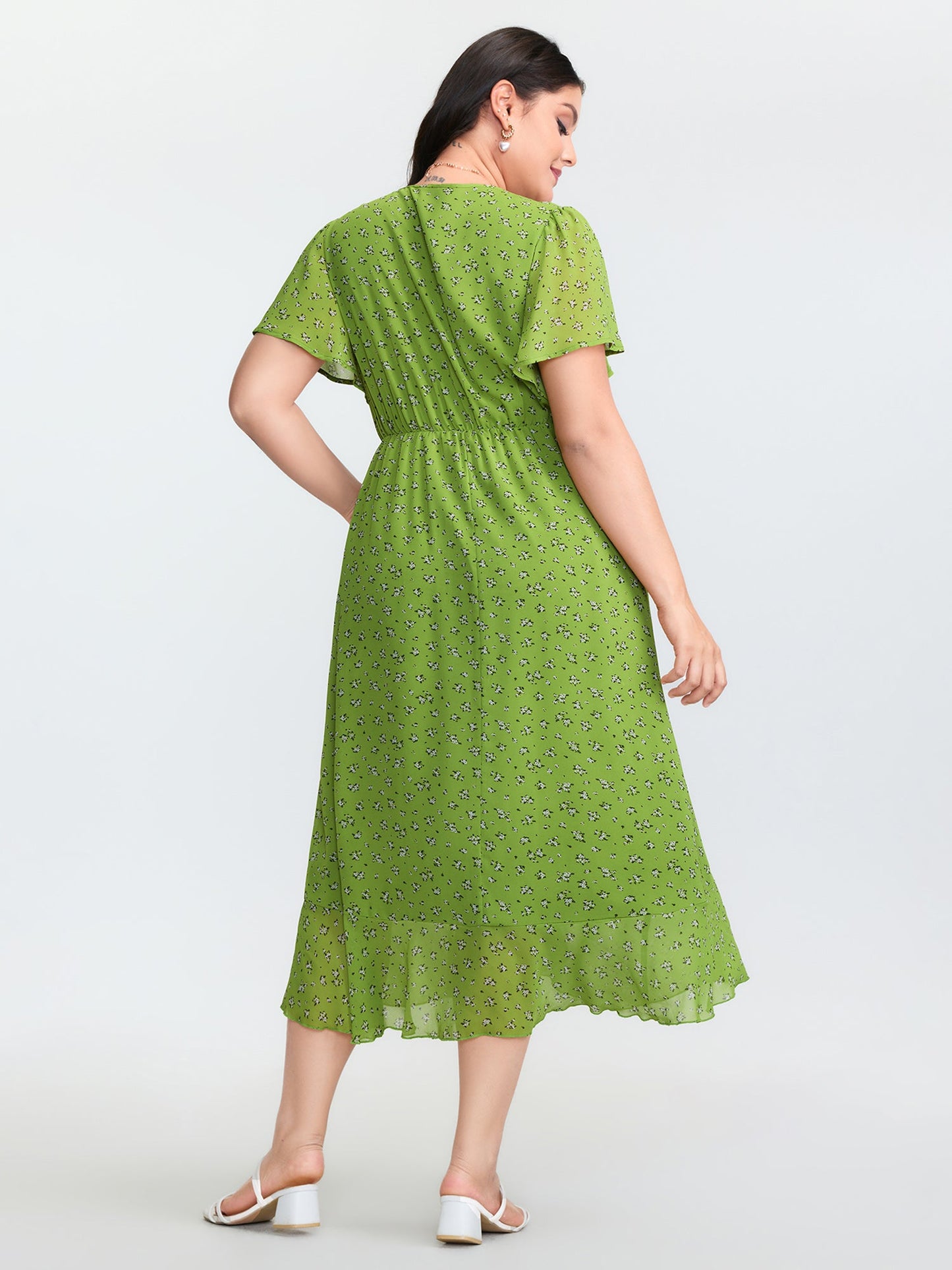 Floral Print Wrap Neck Ruffled Edge Midi Dress