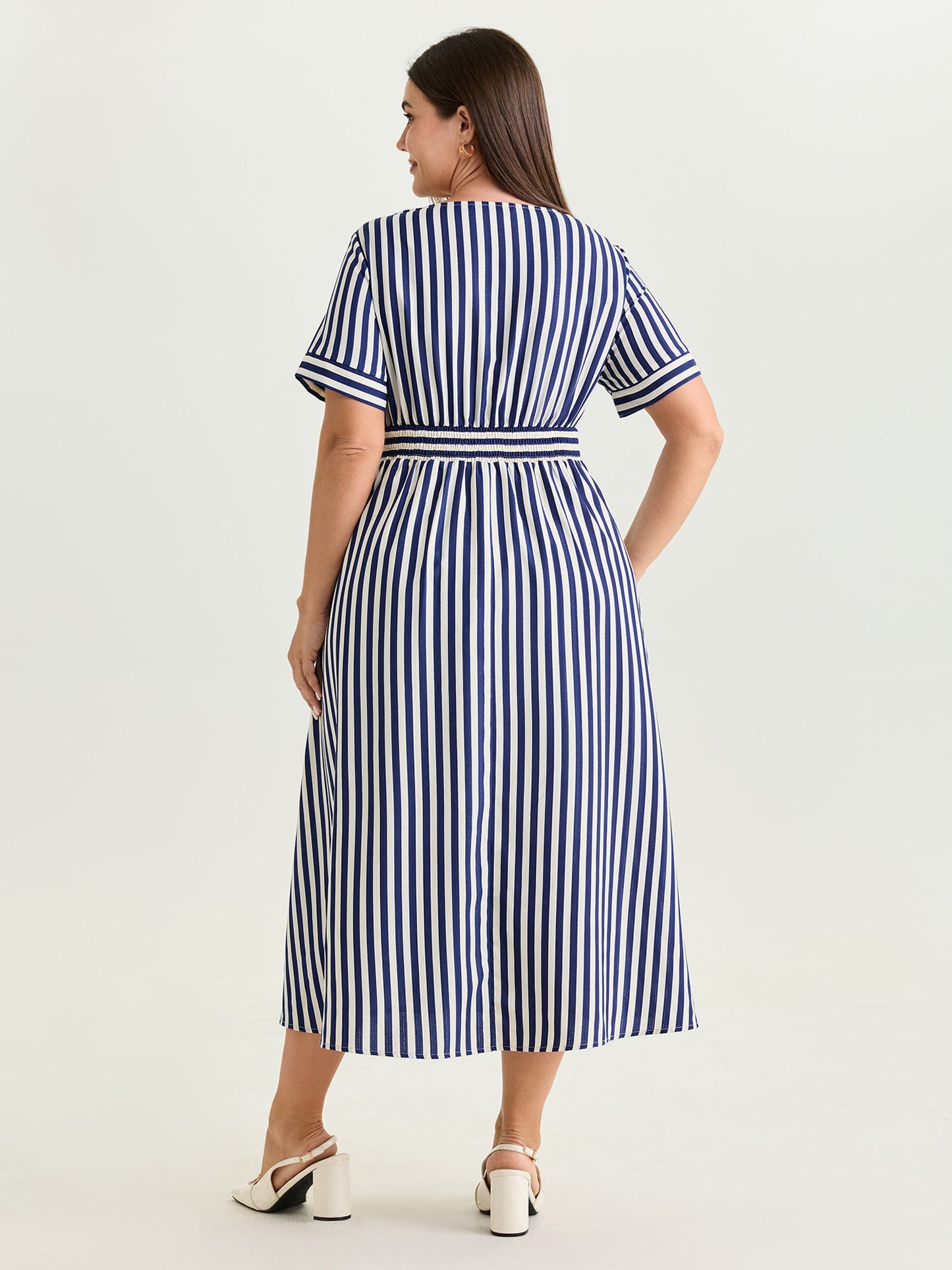 Striped Print Shirred Button Detail Midi Dress