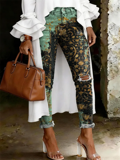 Women's Fashion Casual Art Print Ripped Skinny Jeans