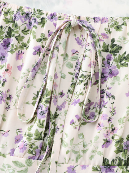 Floral Print Adjustable Bust-Tie Pockets Midi Dress