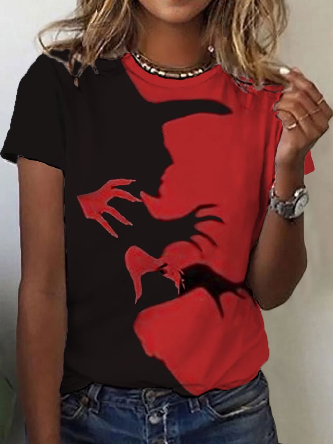 Women's Halloween Witch Shadow Print Casual Tee