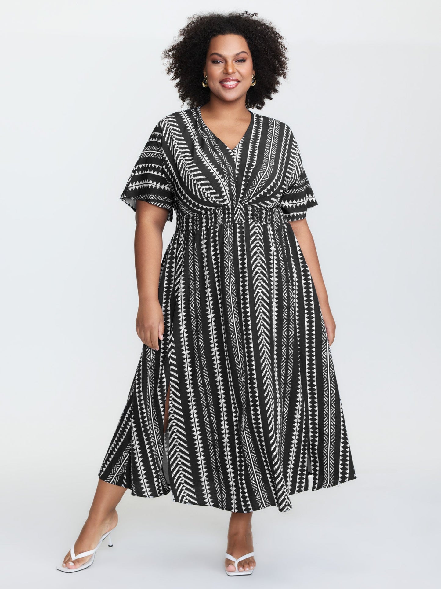 Solid Geometric Dolman Sleeve Pocket Shirred Split Hem Dress