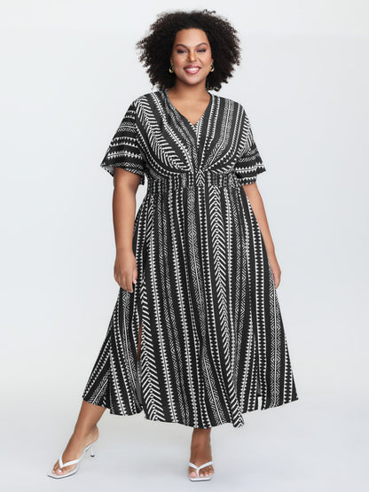 Solid Geometric Dolman Sleeve Pocket Shirred Split Hem Dress