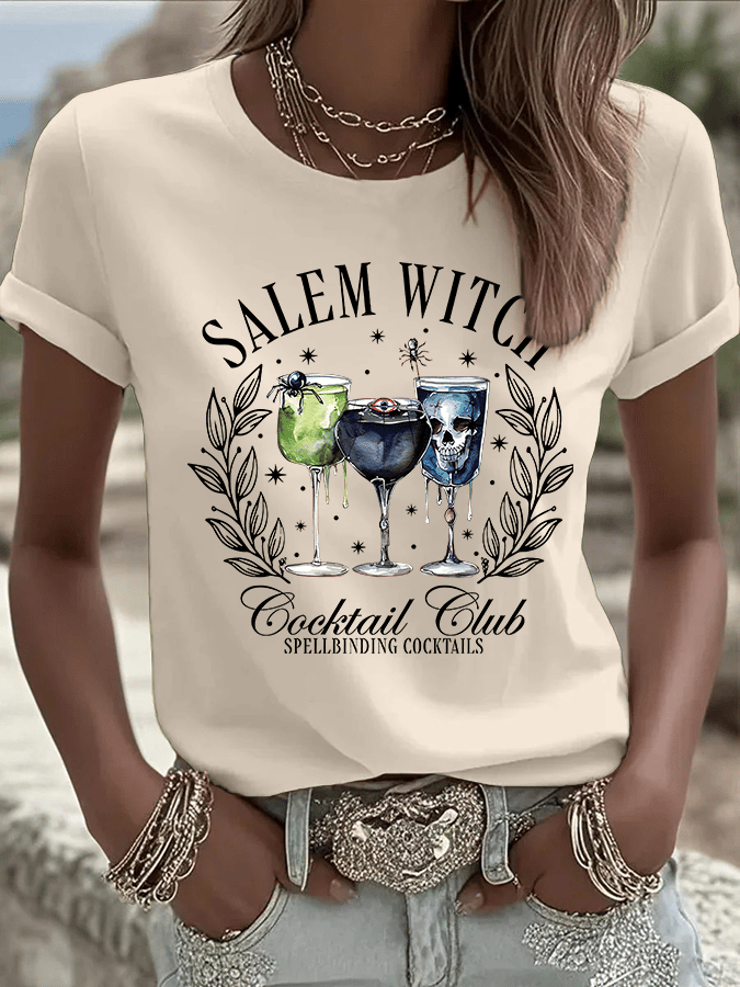 🔥HOT SALE🔥Women's Halloween Salem Witch Cocktail Club Spellbinding Cocktails Print Crew Neck T-Shirt