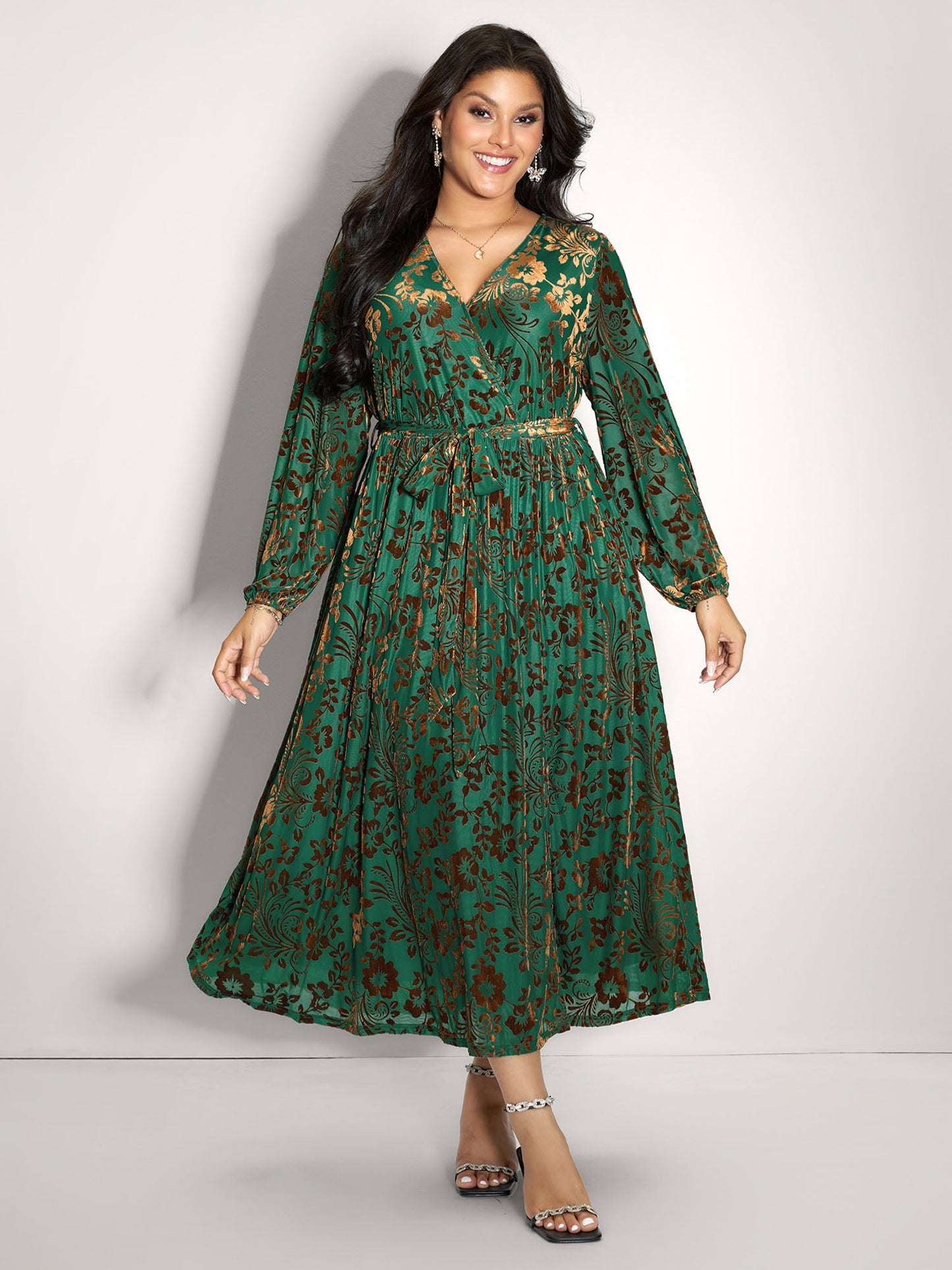 Laser-Cut Velvet Waist-Tie Maxi Dress