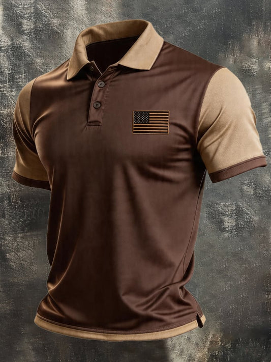 Men's Retro Patriotic Color-Block Short-Sleeve Polo Shirt