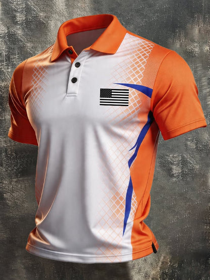 Men's Retro Patriotic Color-Block Short-Sleeve Polo Shirt