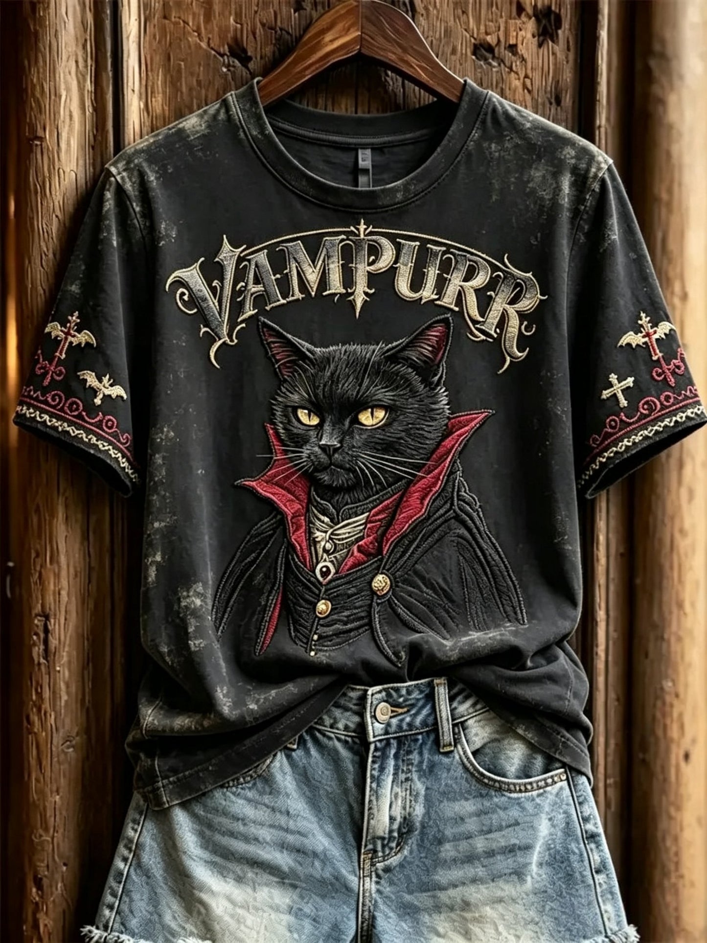 Women's Halloween Vampire Cat Printed T-shirt