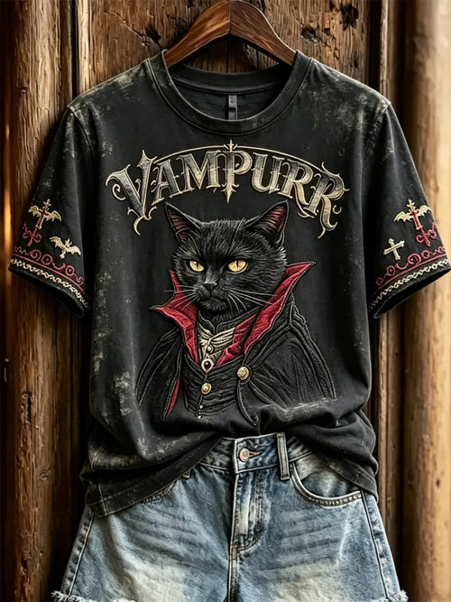 Women's Halloween Vampire Cat Printed T-shirt