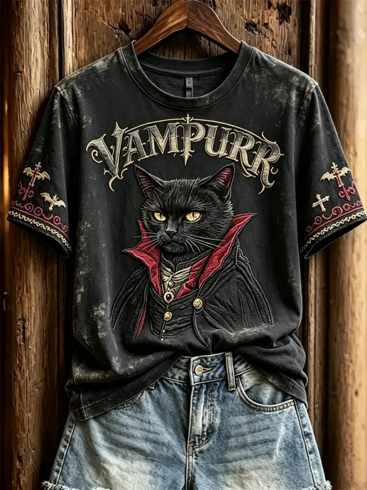 Women's Halloween Vampire Cat Printed T-shirt