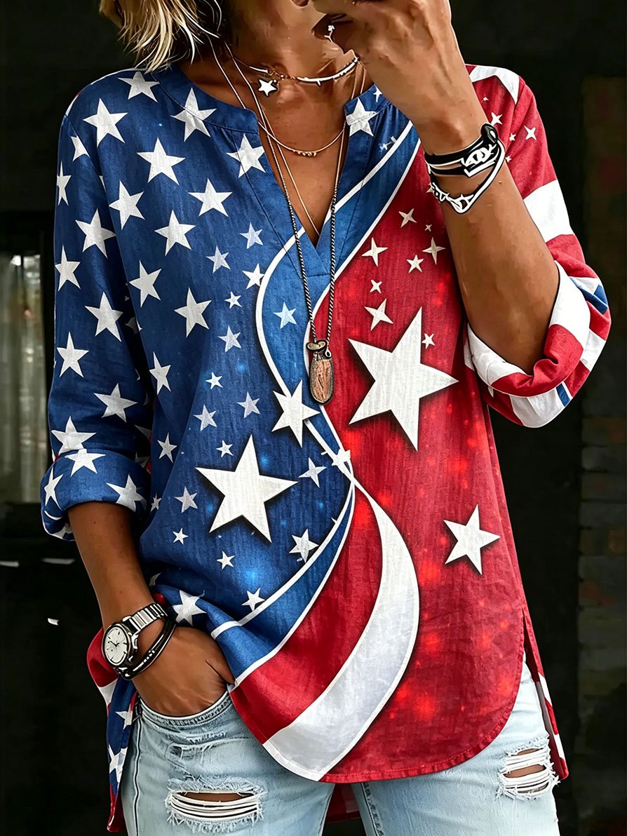 Women's Retro-Art American Flag Crewneck Top with V-Notch