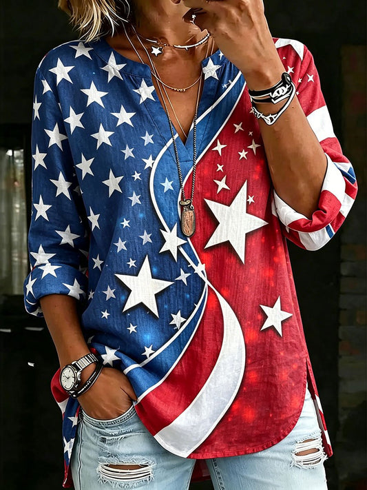 Women's Retro-Art American Flag Crewneck Top with V-Notch