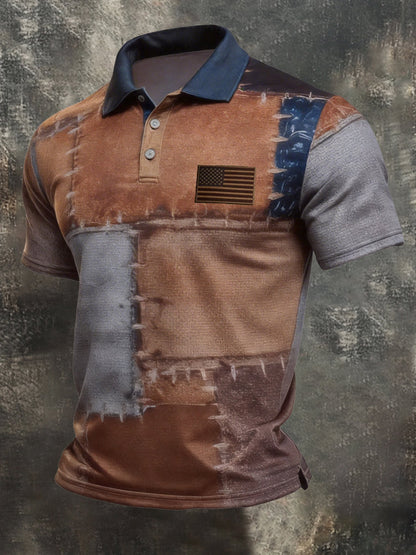 Men's Retro Patriot Color Block Polo Collar Short Sleeve