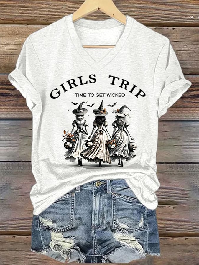 Women's Funny Halloween Witch Girls Trip Time To Get Wicked Casual V-Neck Tee