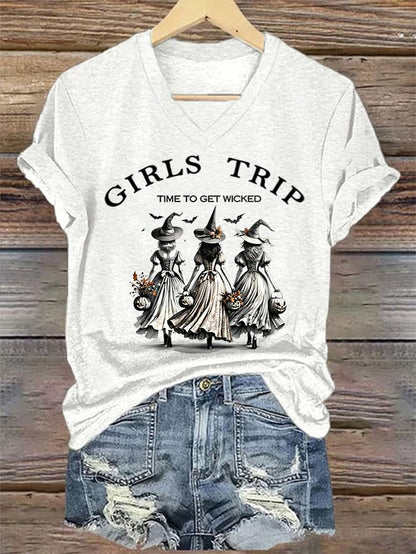 Women's Funny Halloween Witch Girls Trip Time To Get Wicked Casual V-Neck Tee