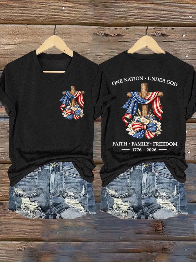 Women's USA 250 Years One Nation Under God Print V Neck T-shirt