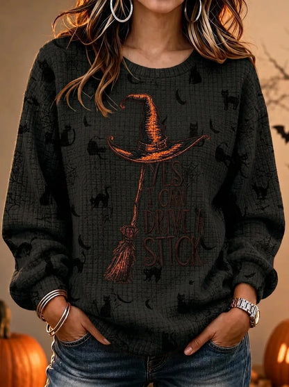 Women's Halloween Witch Broomstick Printed Waffle Knit Sweatshirt