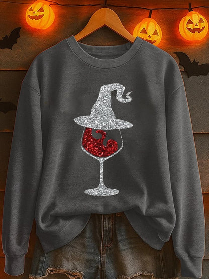Women's Halloween Red Wine Glass Printed Sweatshirt