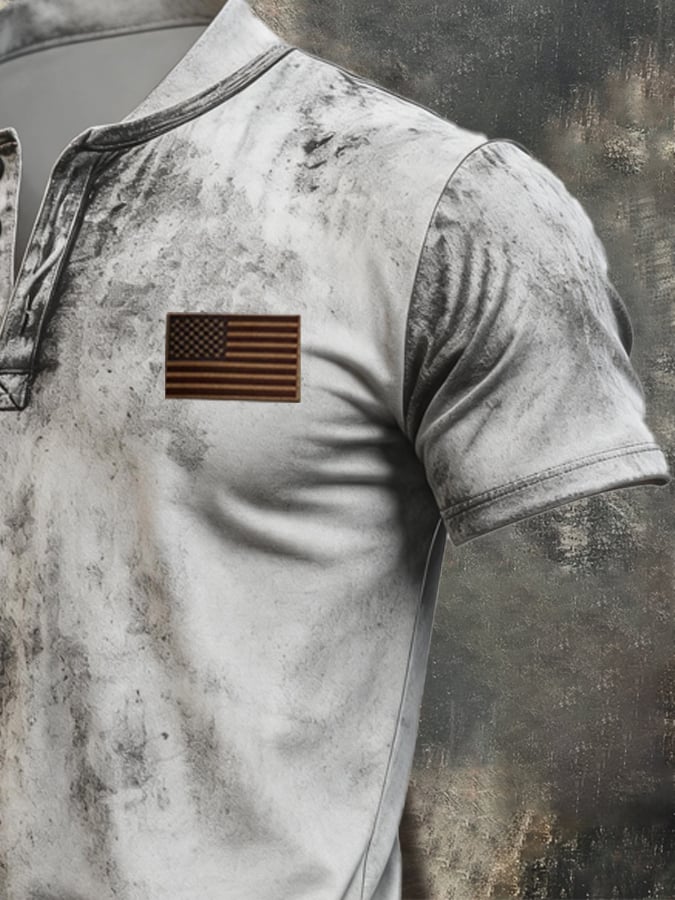 Men's Vintage Distressed Printed Henley T-Shirt