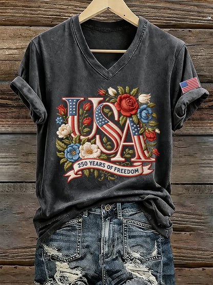 Women's 250 Years Of Freedom Print V Neck T-shirt