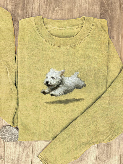 Funny Retro Cute Running Dog Art Print Casaul Cotton Long Sleeve Shirt