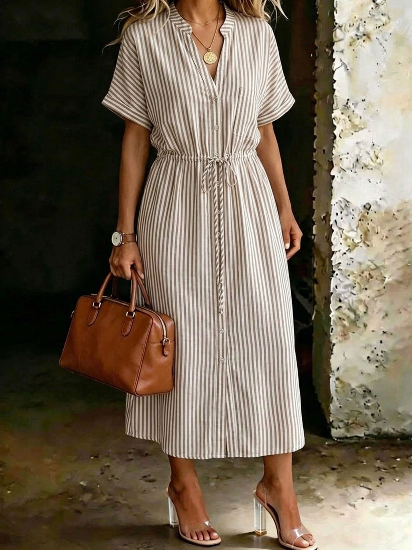 Women’s Casual Short Sleeve Stripe Printed V-neck Waistband Drawstring Dress