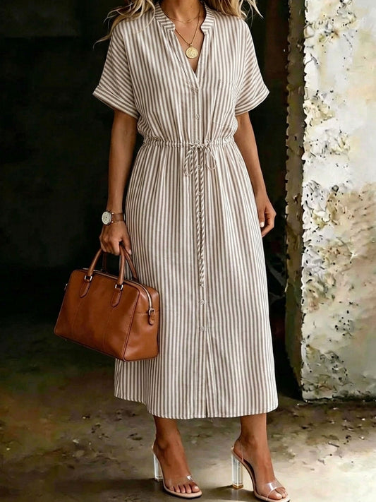 Women’s Casual Short Sleeve Stripe Printed V-neck Waistband Drawstring Dress