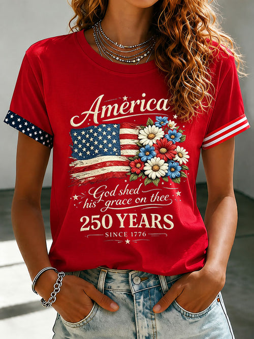 🔥Buy 3 Get 10% Off🔥Women's Floral American Flag Printed Casual T-shirt